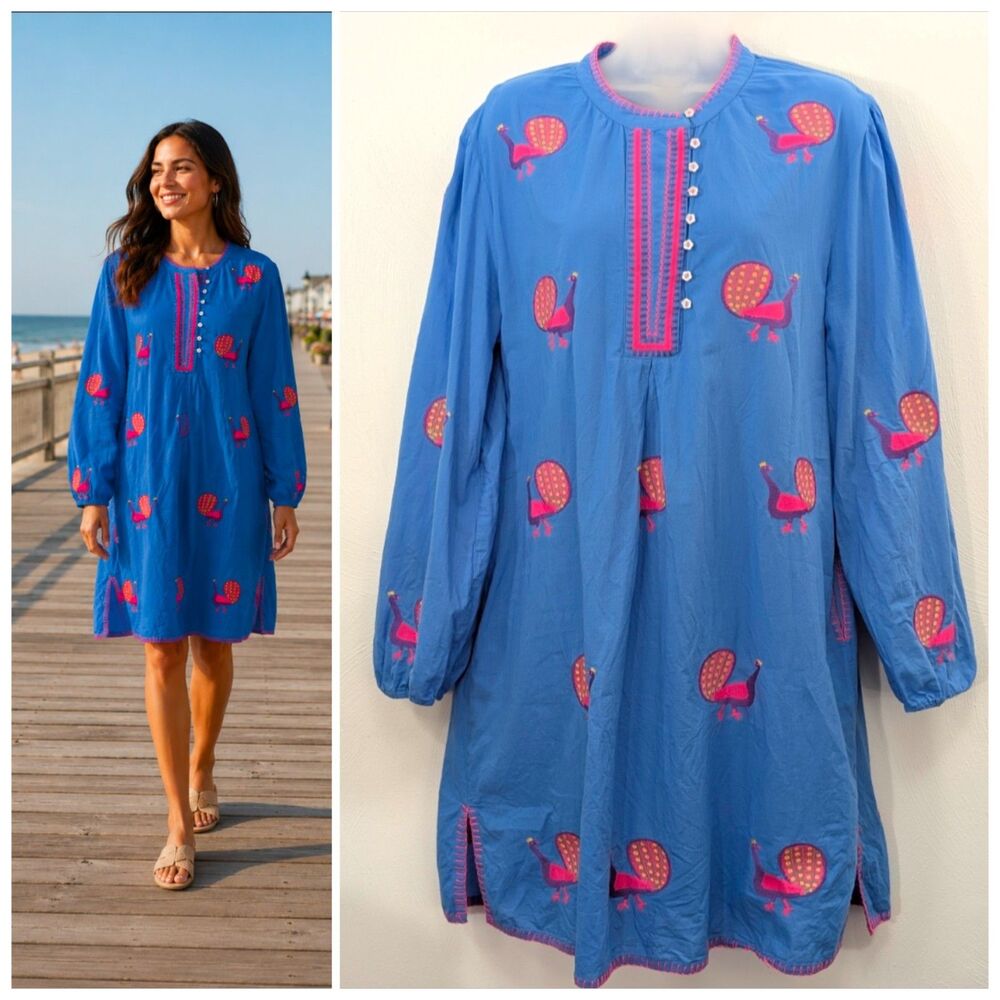 Nimo With Love Large Dress Peacock Embroidered Blue Organic Cotton Boho *FLAW*